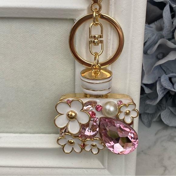 Pink Crystal Flower Perfume Bottle Keychain Charm - Picture 3 of 16
